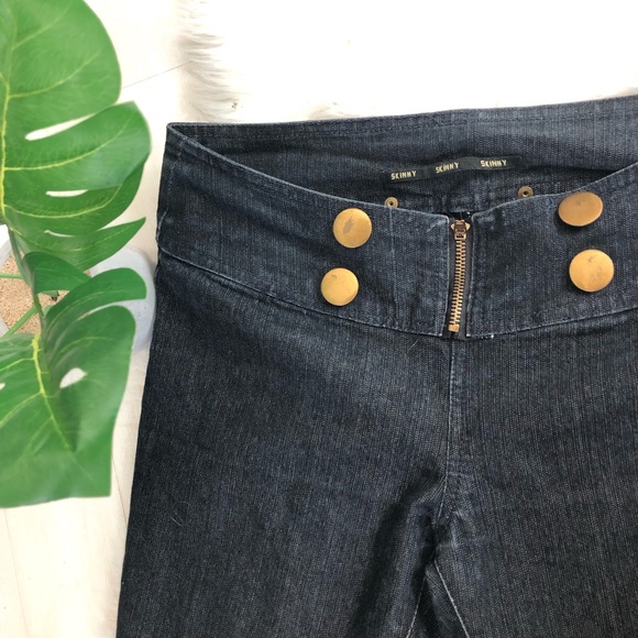 Hip Hugging Low Rise Wide Waist Large Buttons Stretch Skinny Dark Wash Jeans, 7 - Picture 2 of 7